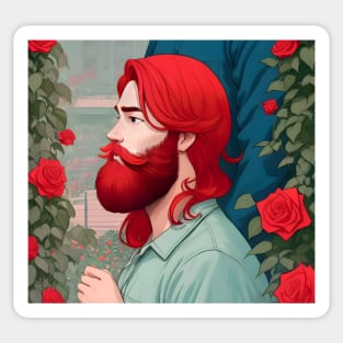 red hair beard guy in flower garden sticker Sticker